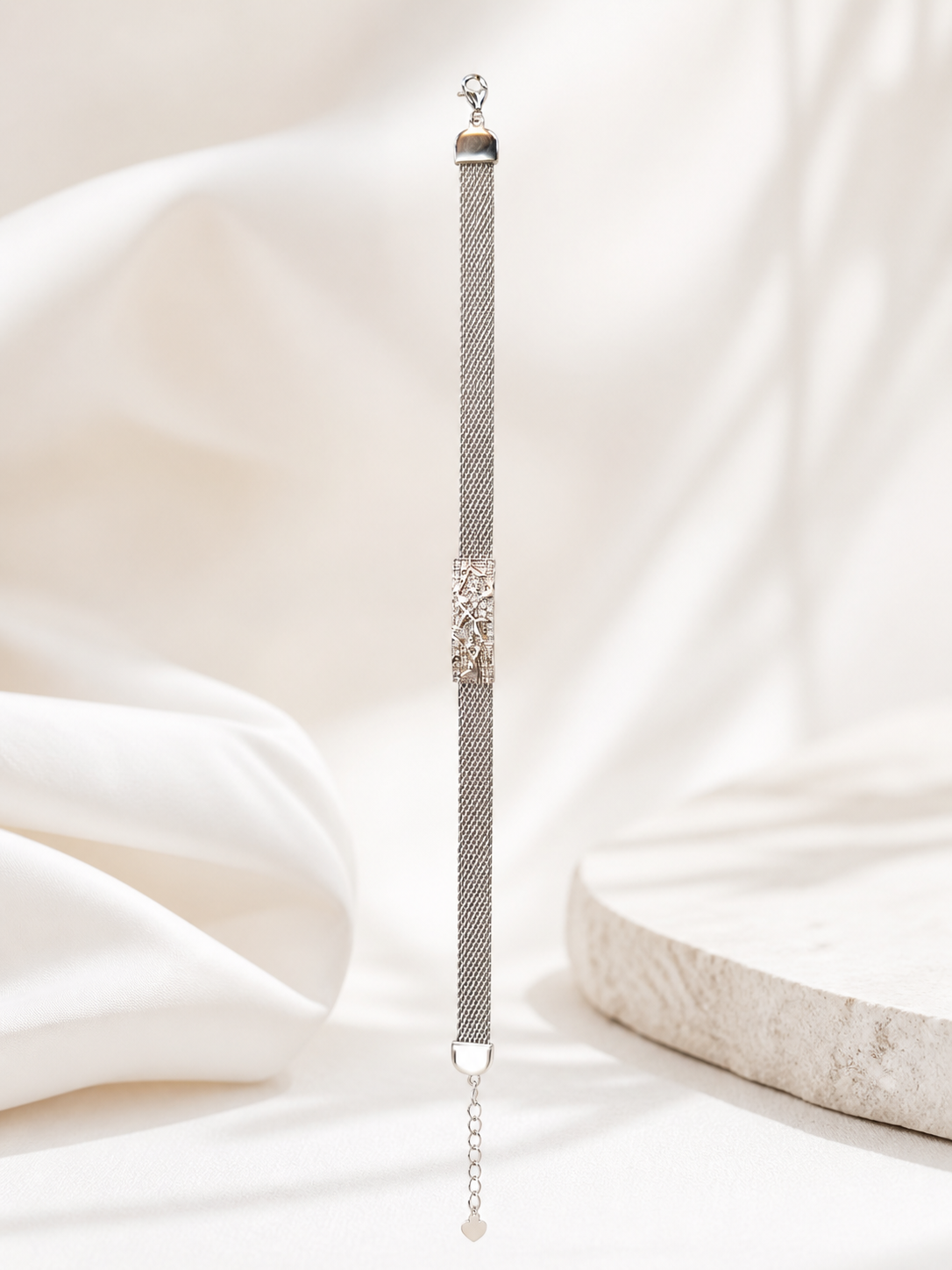 Silver Wide Net Leaves Bracelet