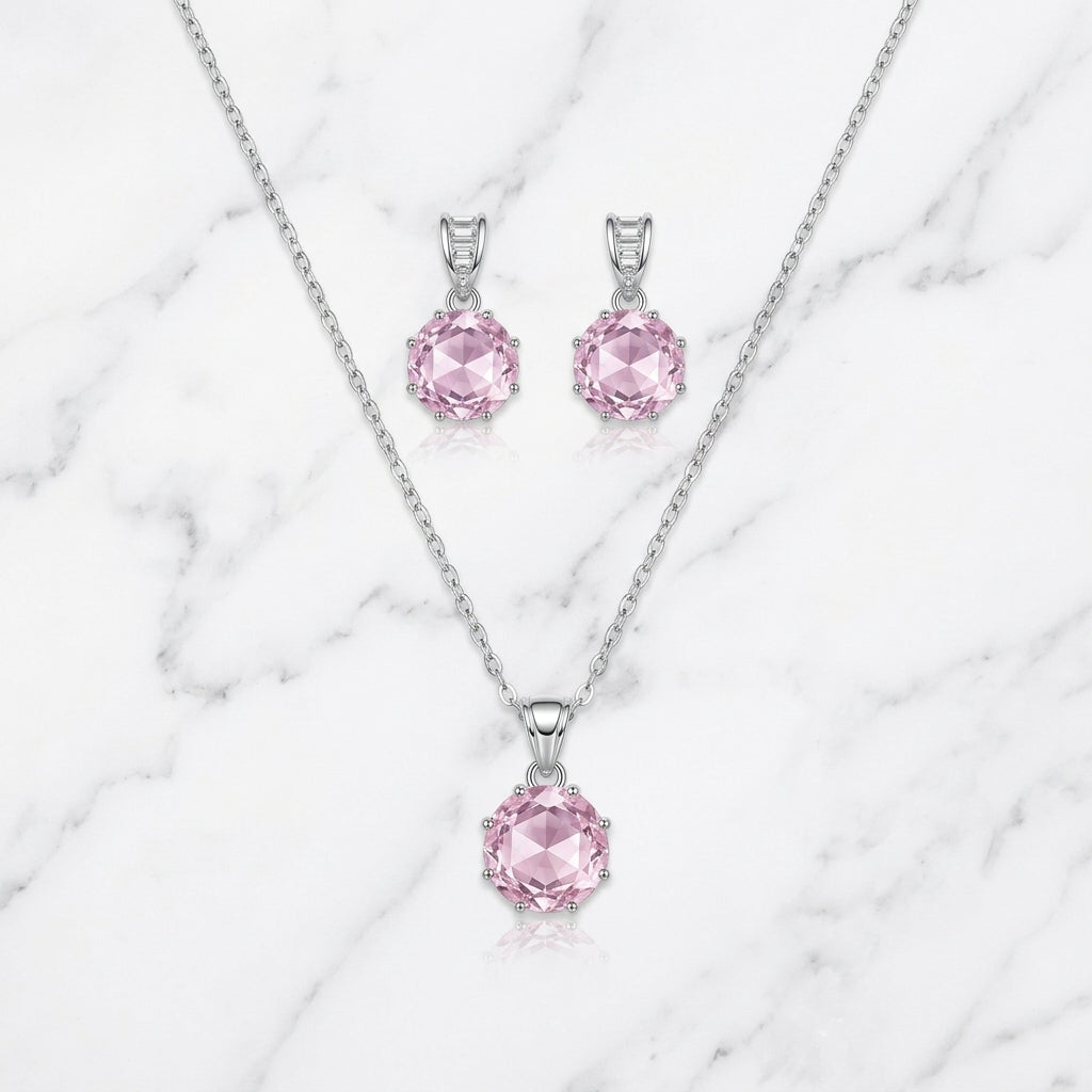 Silver Pink Stone Set Necklace & Earrings