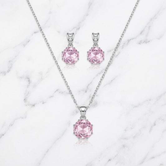 Silver Pink Stone Set Necklace & Earrings