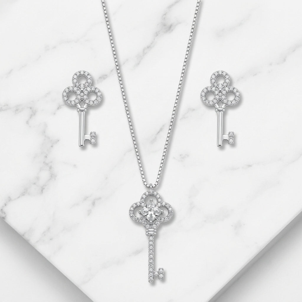 Silver Key Set Necklace & Earrings