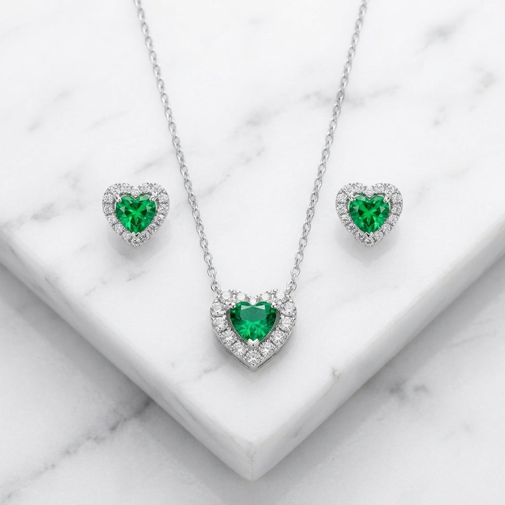 Silver Green Heart Set Necklace & Earrings