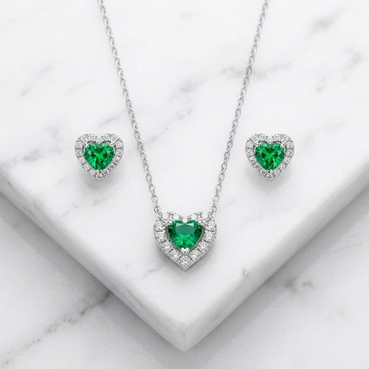 Silver Green Heart Set Necklace & Earrings