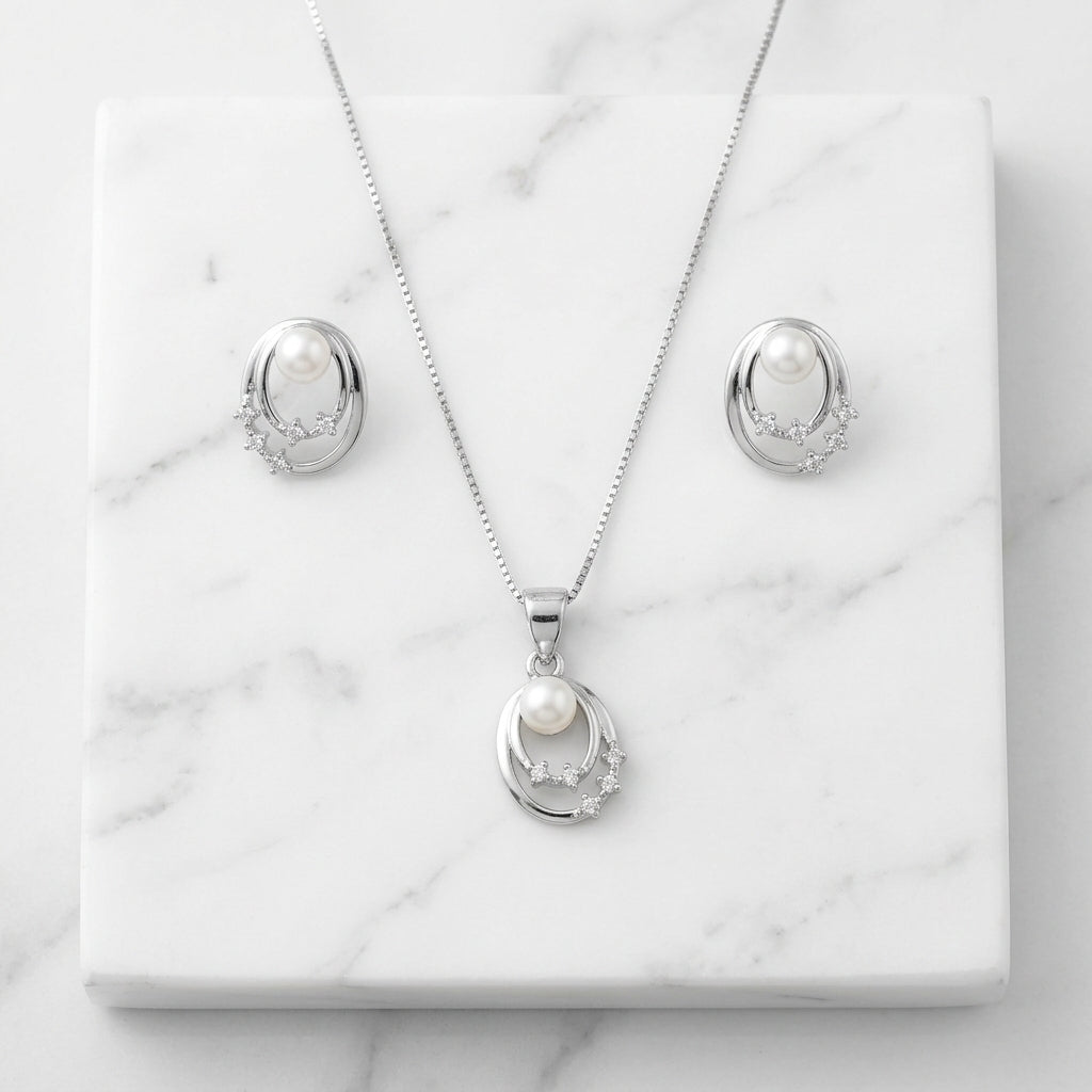 Silver Pearl Circles Set Necklace & Earrings