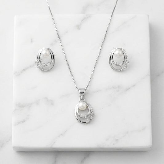 Silver Pearl Circles Set Necklace & Earrings