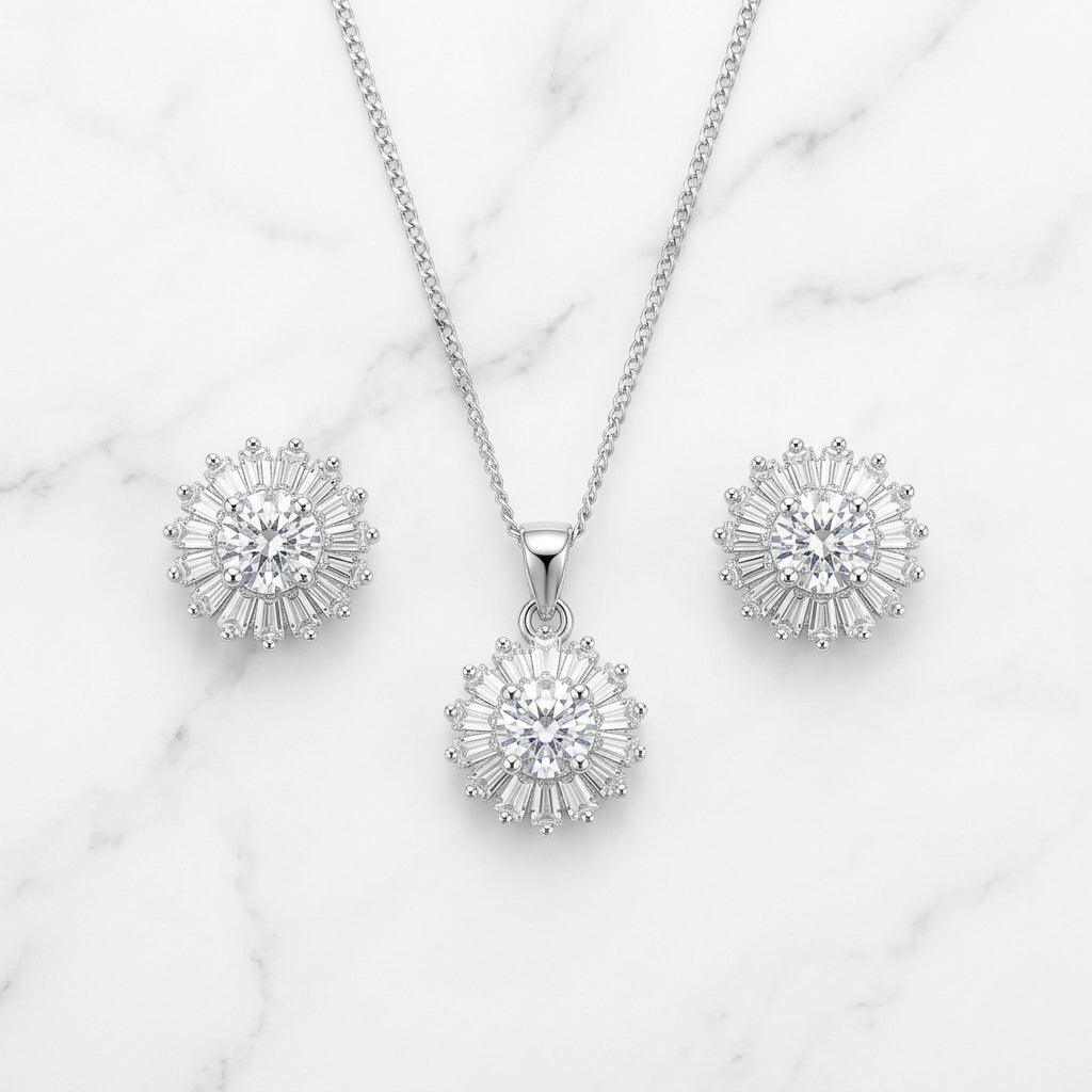 Silver 15-gon Diamonds Set Necklace & Earrings