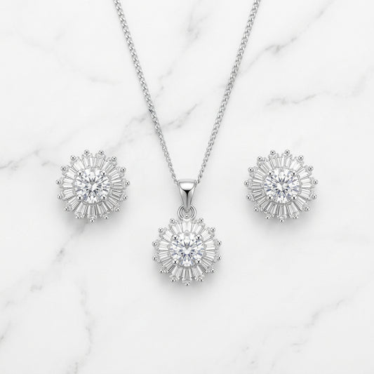 Silver 15-gon Diamonds Set Necklace & Earrings