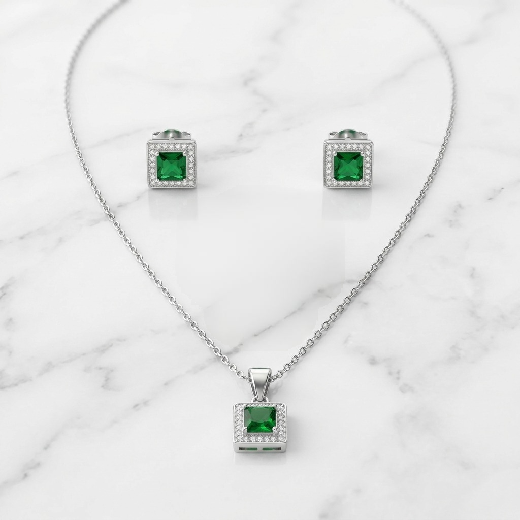 Silver Square Green Stone Set Necklace & Earrings