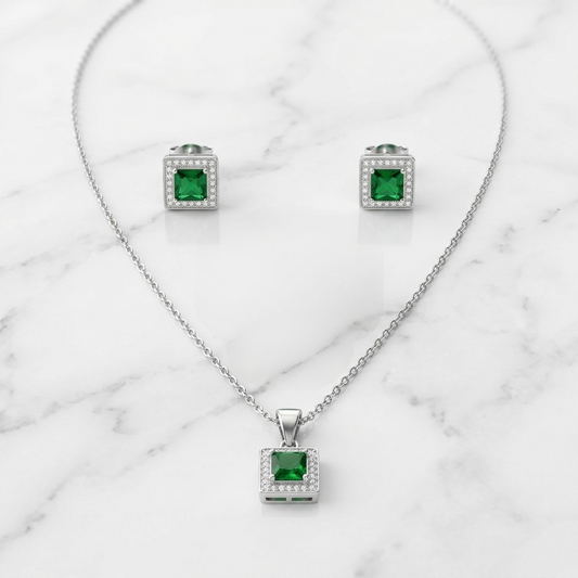 Silver Square Green Stone Set Necklace & Earrings