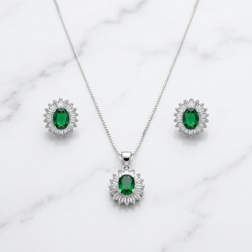 Silver Green Circular Set Necklace & Earrings