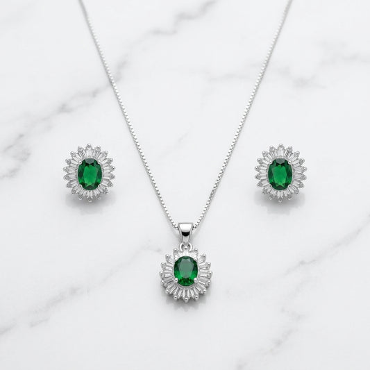 Silver Green Circular Set Necklace & Earrings