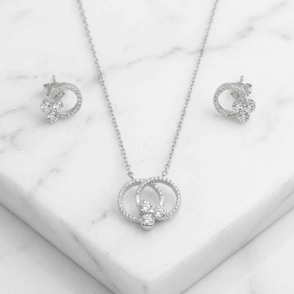 Silver Tri-Stone Set Necklace & Earrings