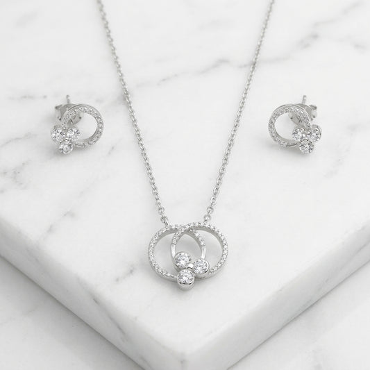 Silver Tri-Stone Set Necklace & Earrings
