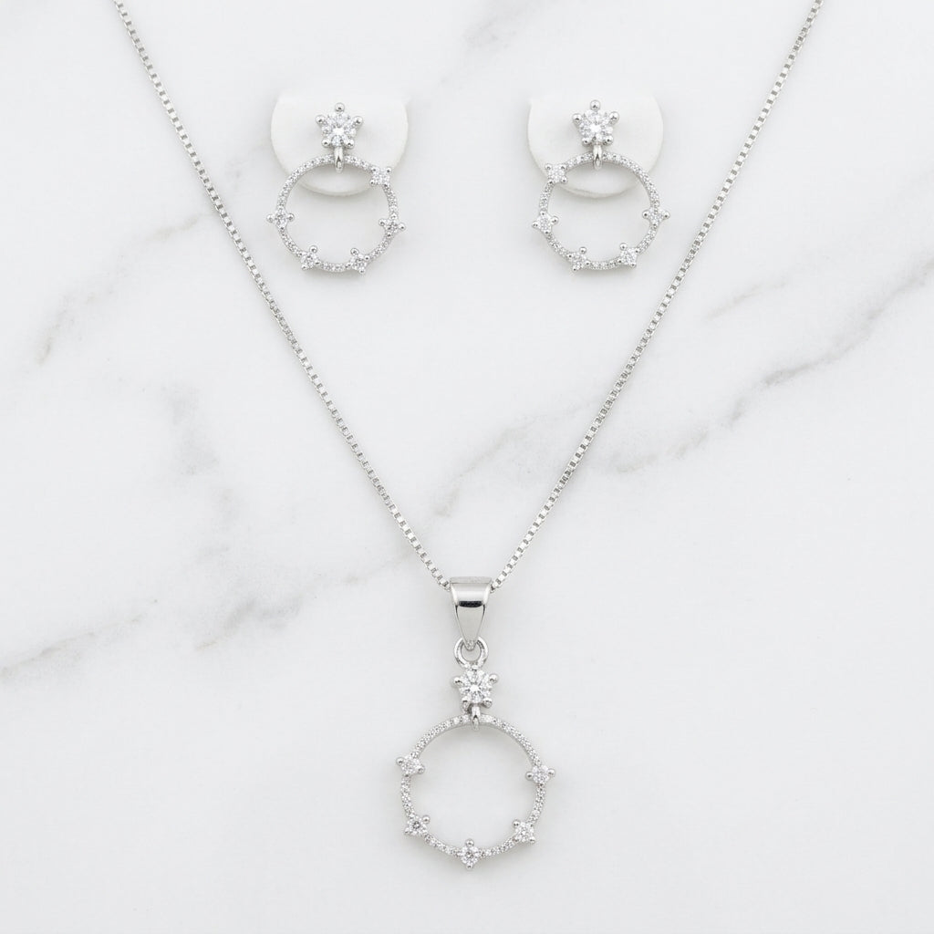 Silver Stone Circles Set Necklace & Earrings