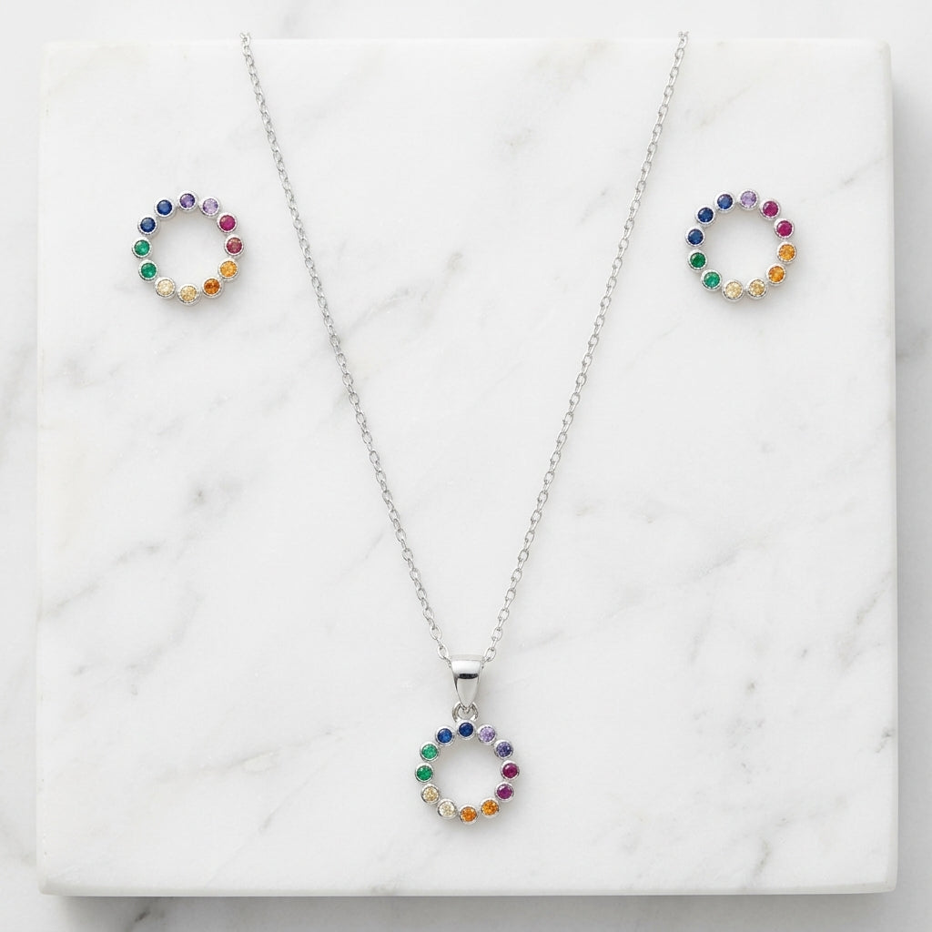 Silver Colorful Stones Set Necklace & Earrings