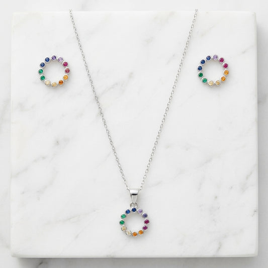 Silver Colorful Stones Set Necklace & Earrings