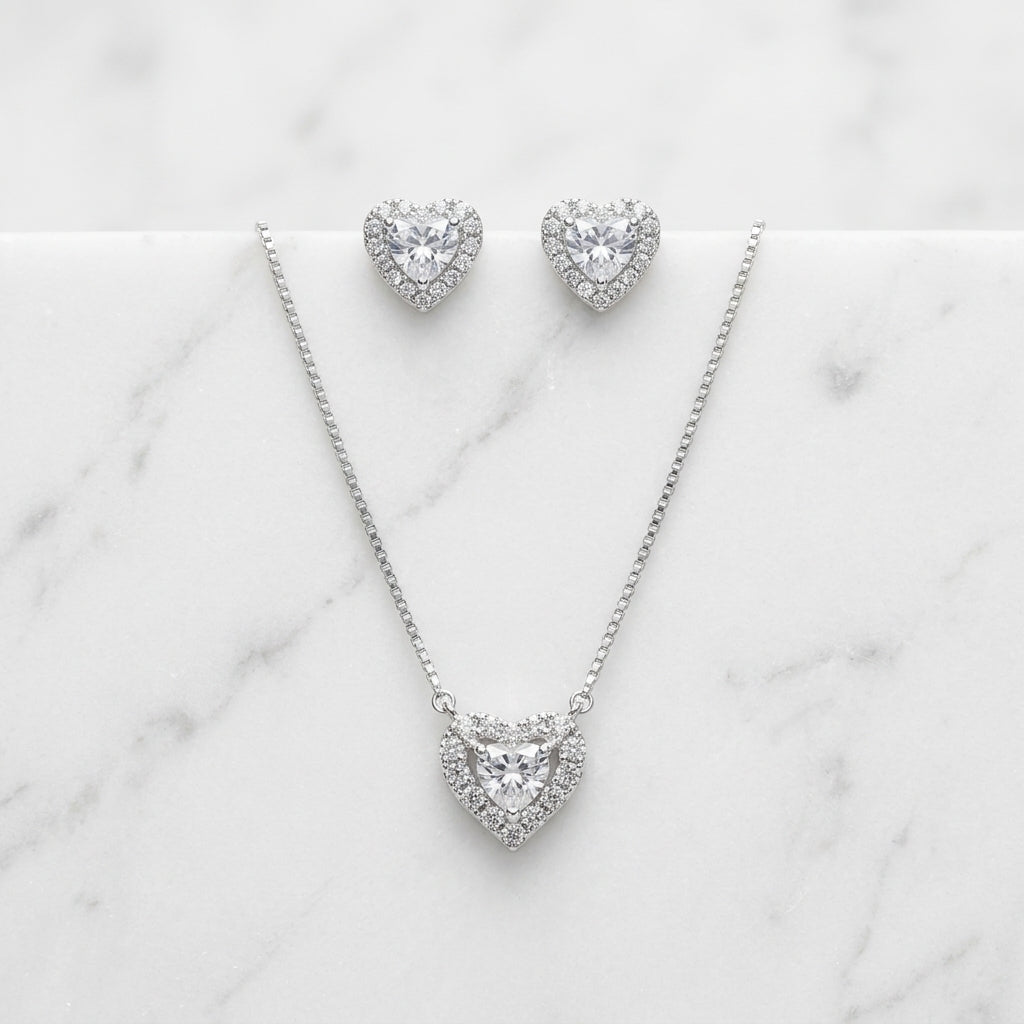 Silver Stone Heart Set Necklace & Earrings