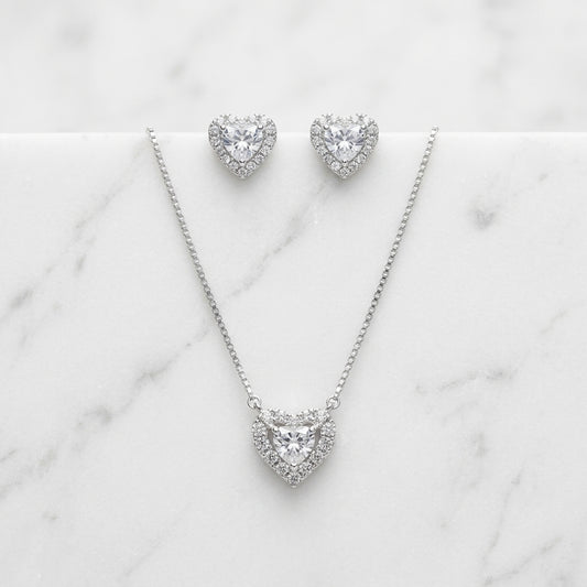 Silver Stone Heart Set Necklace & Earrings