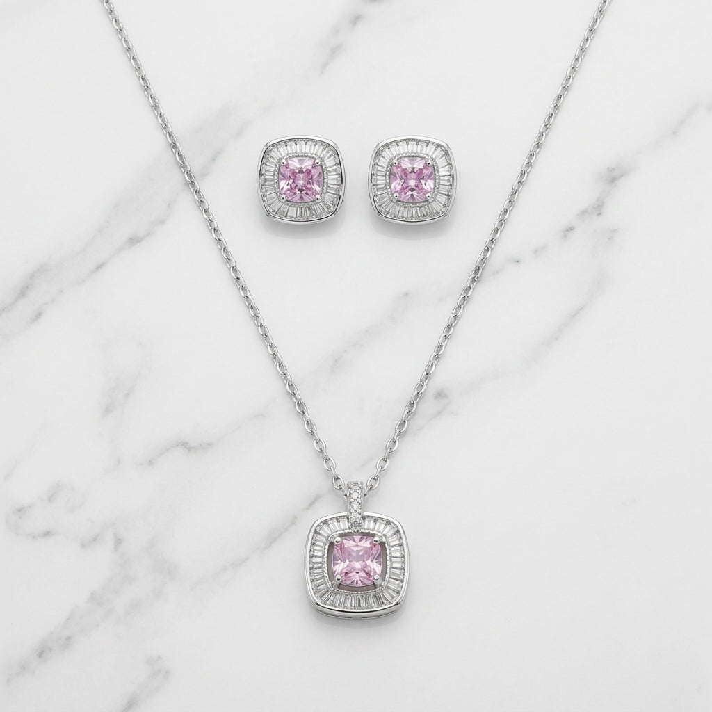 Silver Square Pink Stones Set Necklace & Earrings