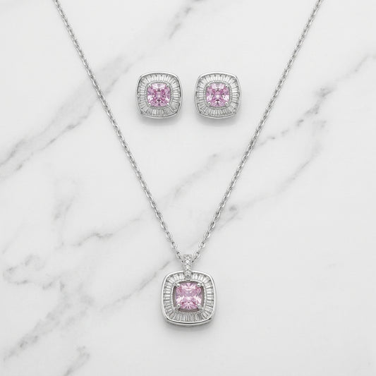 Silver Square Pink Stones Set Necklace & Earrings