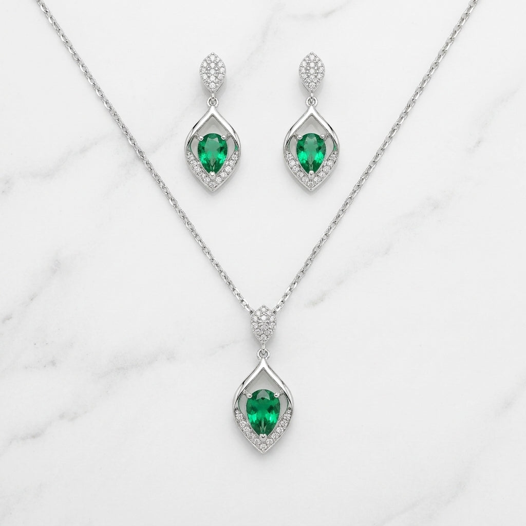 Silver Green Leaf Set Necklace & Earrings