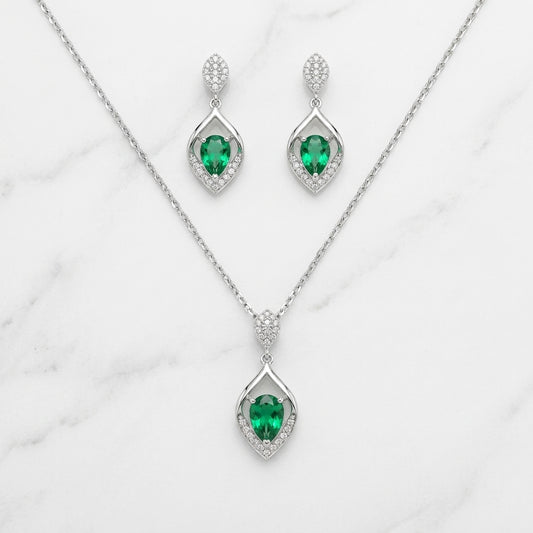Silver Green Leaf Set Necklace & Earrings
