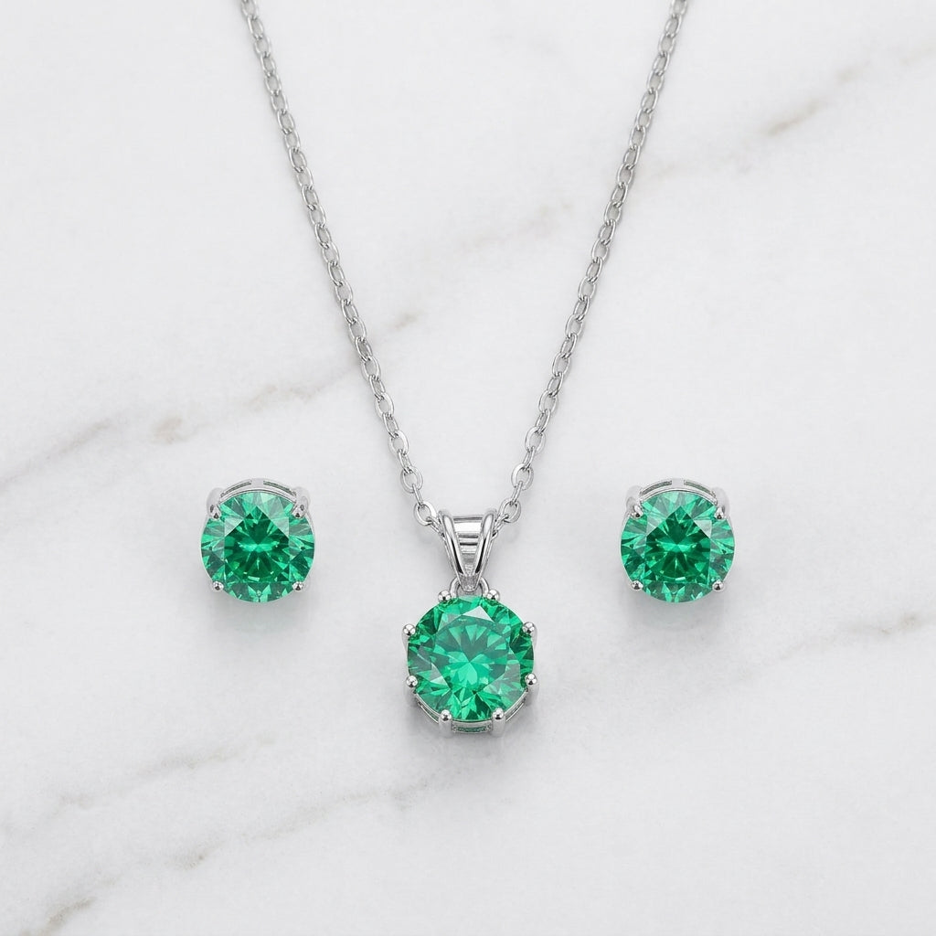 Silver Green Stone Set Necklace & Earrings