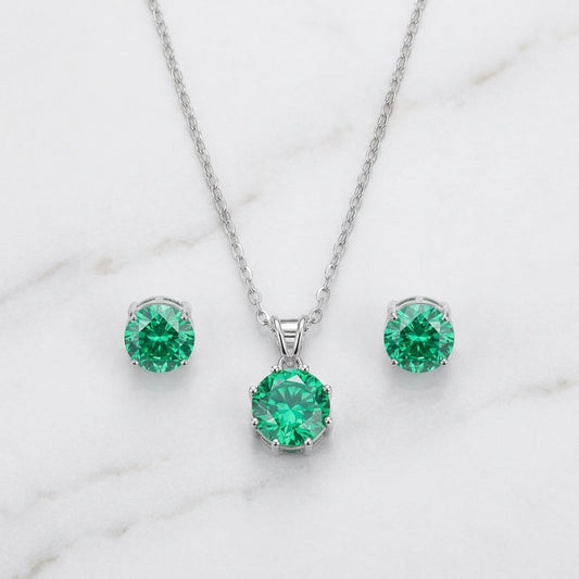 Silver Green Stone Set Necklace & Earrings