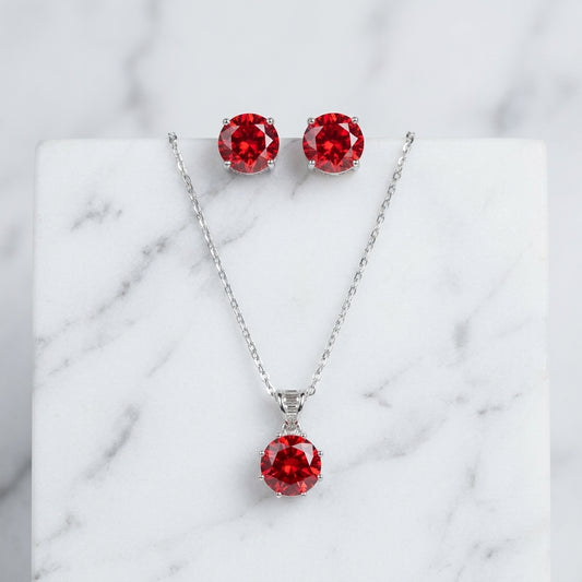 Silver Red Stone Set Necklace & Earrings