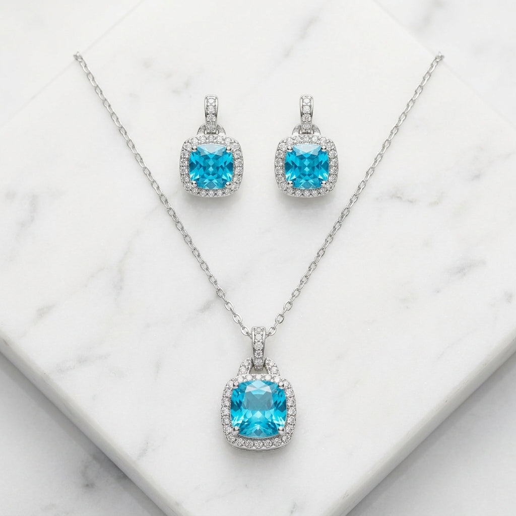 Silver Square Blue Set Necklace & Earrings
