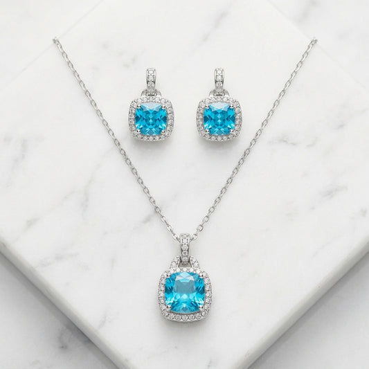 Silver Square Blue Set Necklace & Earrings
